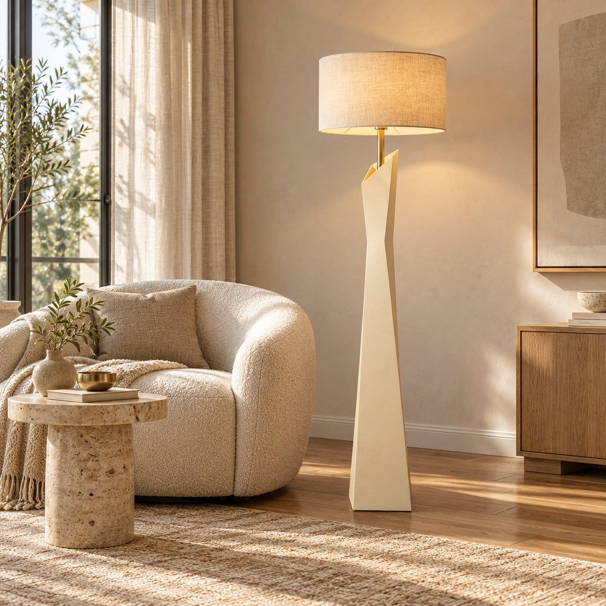 Modern Floor Lamp Adjustable Height Resin and Fabric Shade Dimmable for Living Room Ambient Lighting