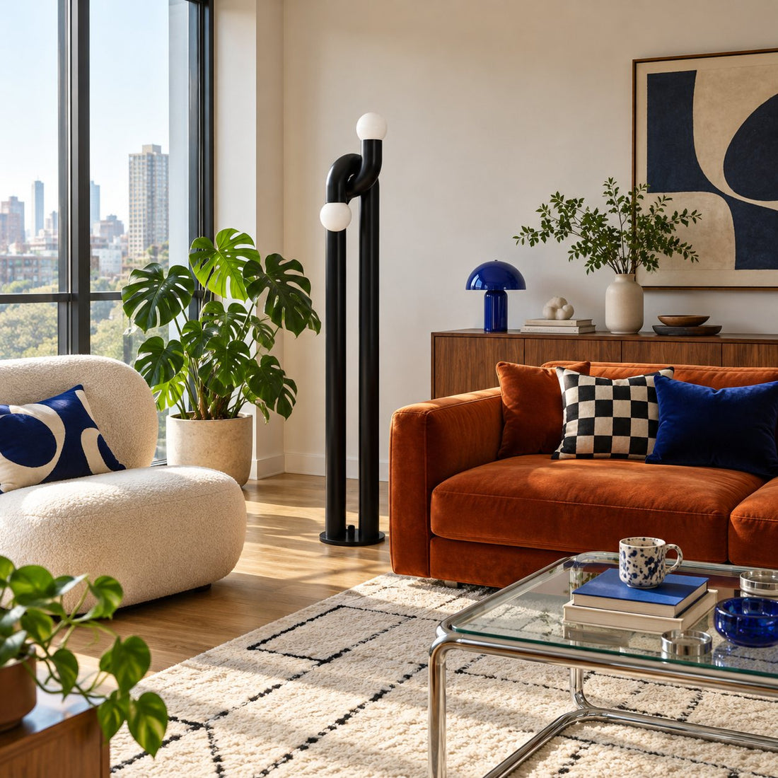 Modern Floor Lamp with Adjustable Height Metal Base for LED Bulbs in Living Room