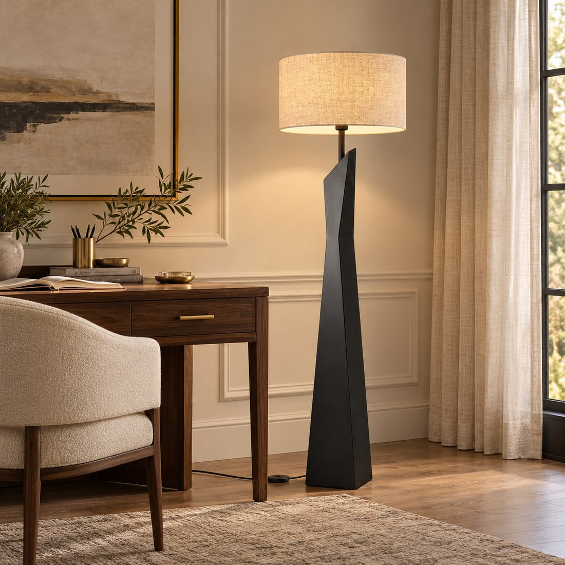 Modern Floor Lamp Adjustable Height Resin and Fabric Shade Dimmable for Living Room Ambient Lighting