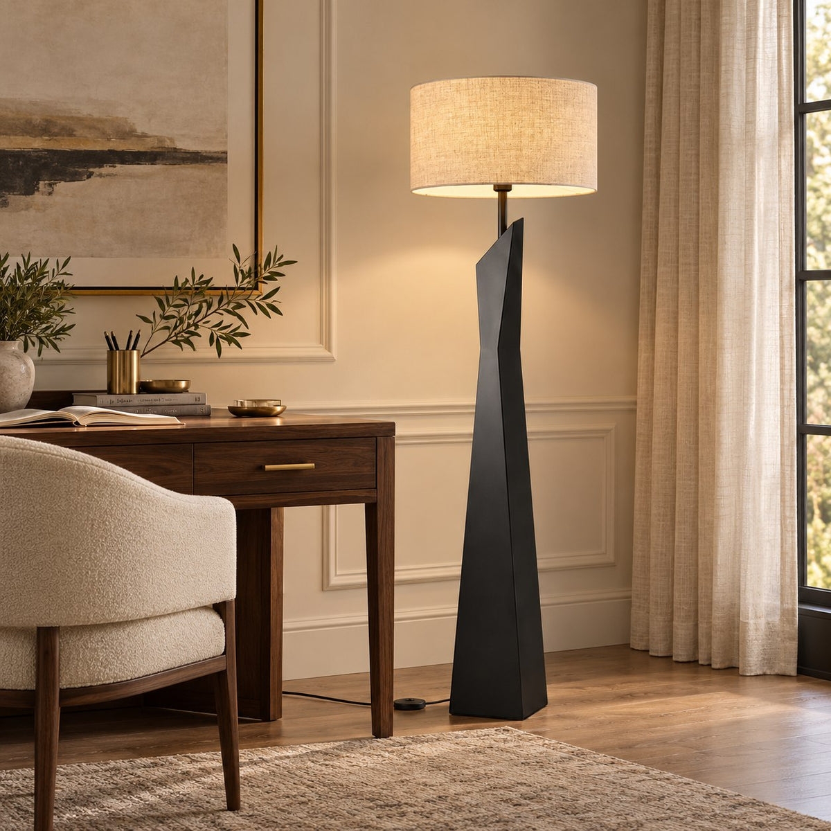 Modern Floor Lamp Adjustable Height Resin and Fabric Shade Dimmable for Living Room Ambient Lighting