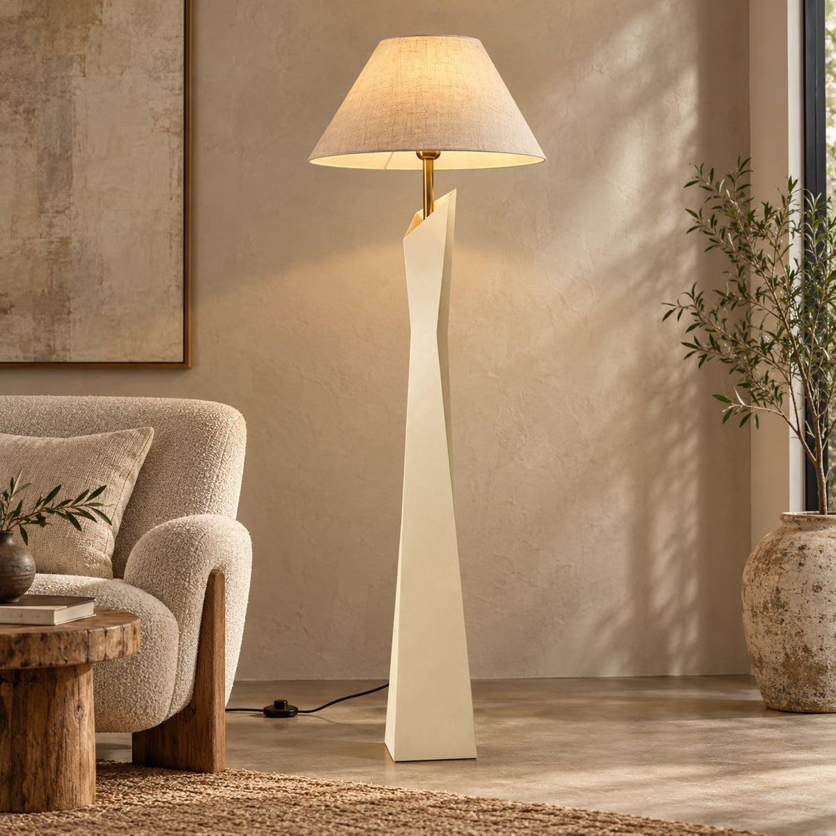 Modern Floor Lamp Adjustable Height Resin and Fabric Shade Dimmable for Living Room Ambient Lighting