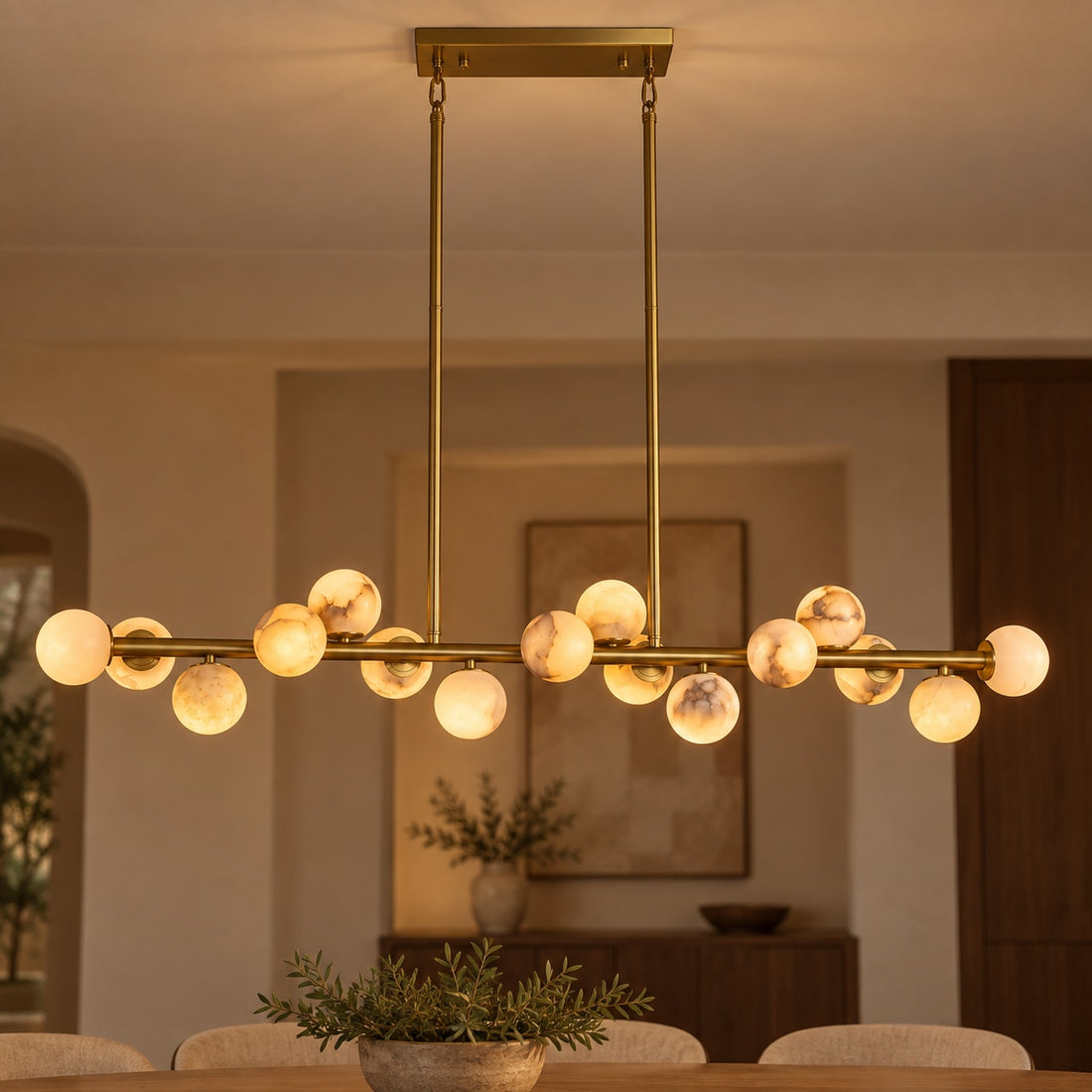 Modern Linear Chandelier Hanging Gold Finish Natural Alabaster Globes Dimmable Adjustable 55 Inch