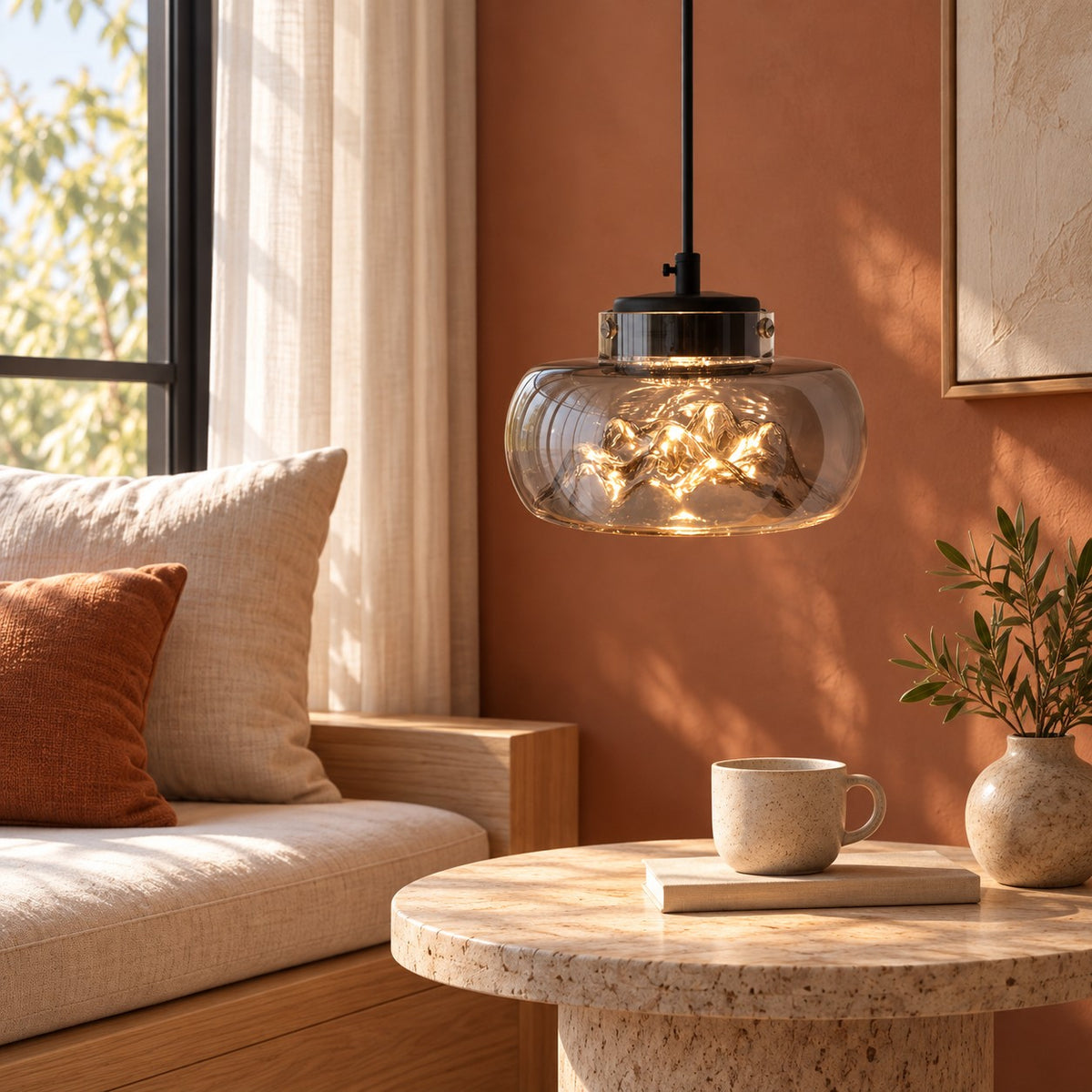 Modern Glass Pendant Lighting Hanging Fixture with Iron Frame and Textured Interior for Warm Illumination