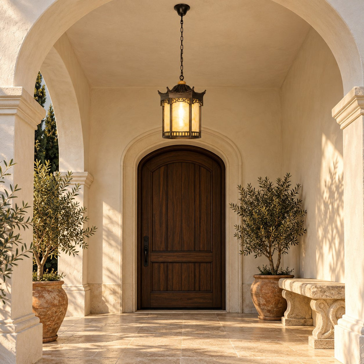 Traditional Pagoda Outdoor Hanging Light with Faux Alabaster &amp; Bronze Gold Aluminium Frame