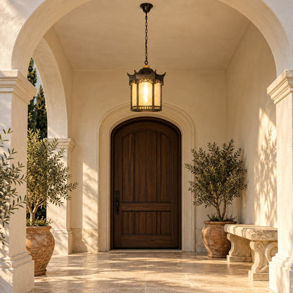 Traditional Pagoda Outdoor Hanging Light with Faux Alabaster &amp; Bronze Gold Aluminium Frame