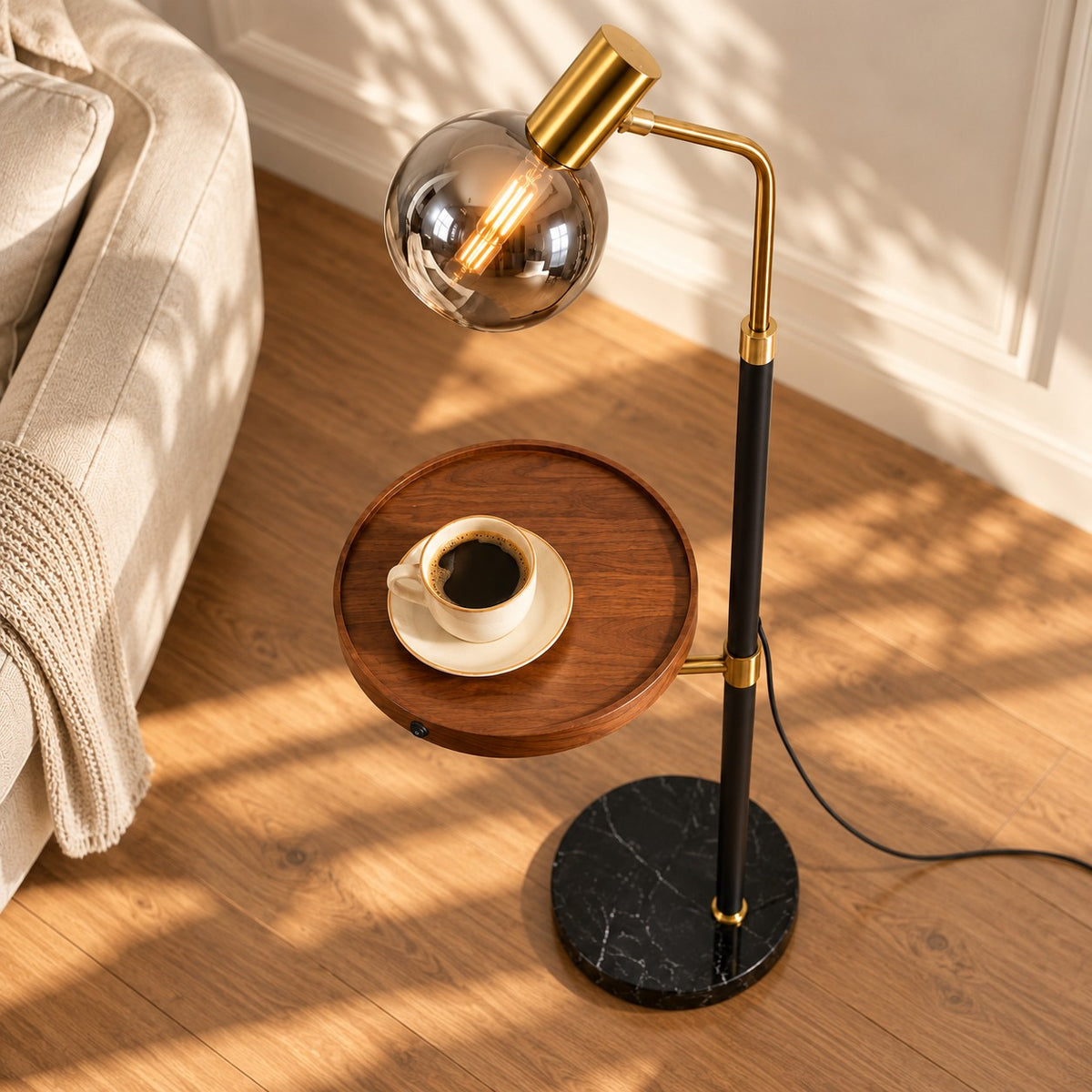 Modern Gold Floor Lamp with Adjustable Height Marble Base USB Powered for Living Room