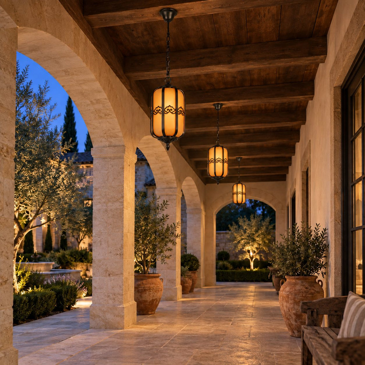 Traditional Outdoor Hanging Light with Faux Alabaster Panels &amp; Sandblasted Black Aluminium Frame