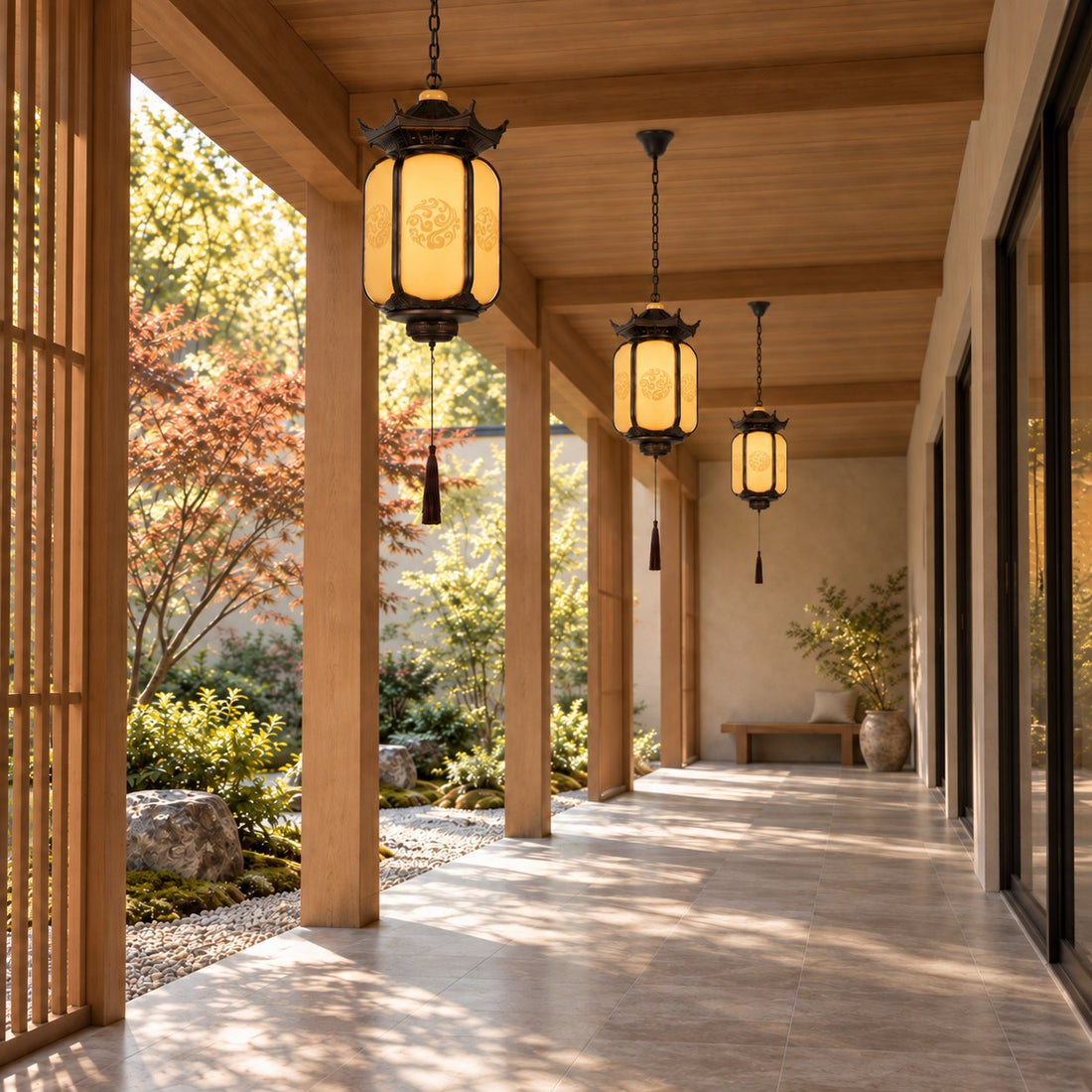 Traditional Pagoda Outdoor Pendant Light with Faux Alabaster Panels &amp; Bronze Gold Aluminium Frame