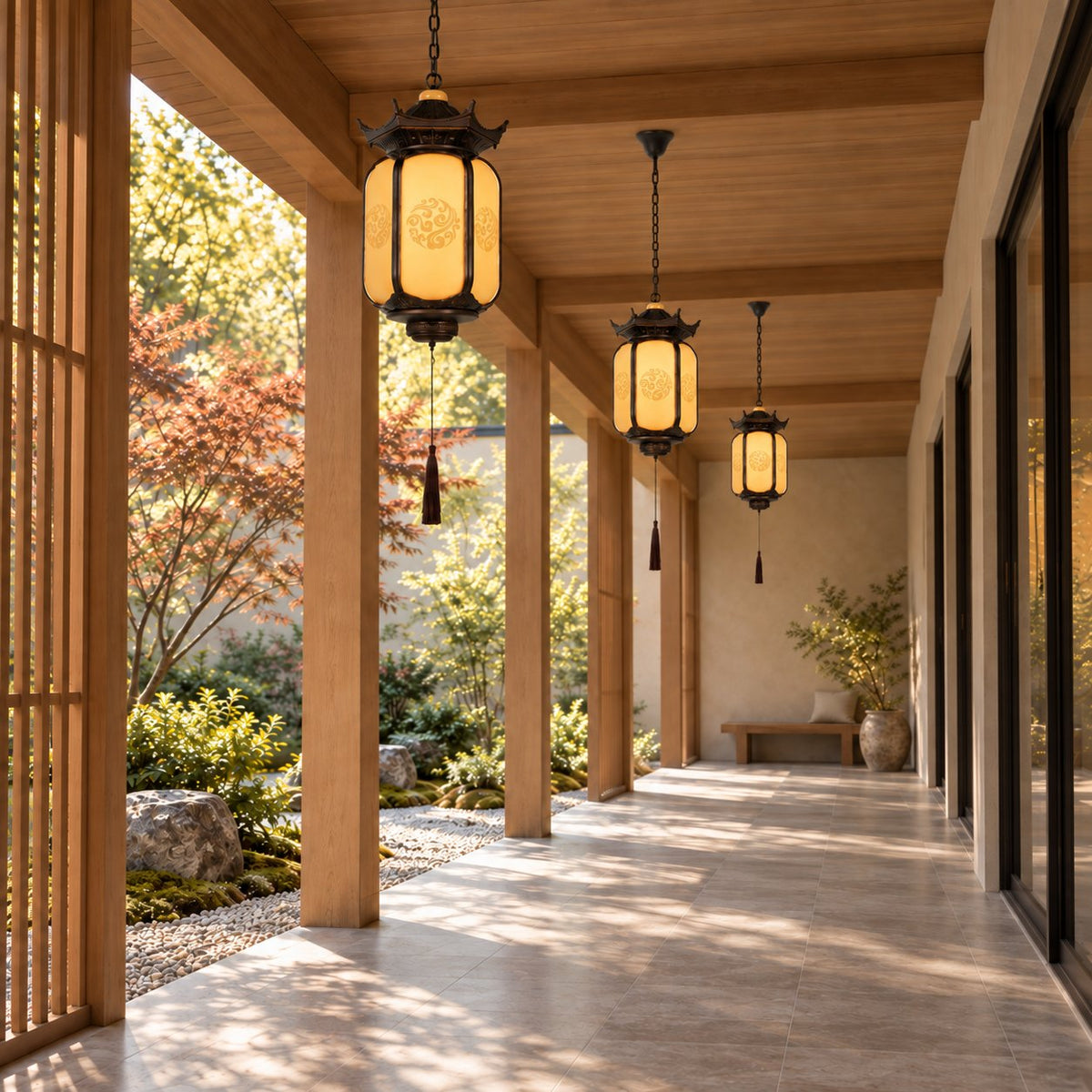 Traditional Pagoda Outdoor Pendant Light with Faux Alabaster Panels &amp; Bronze Gold Aluminium Frame