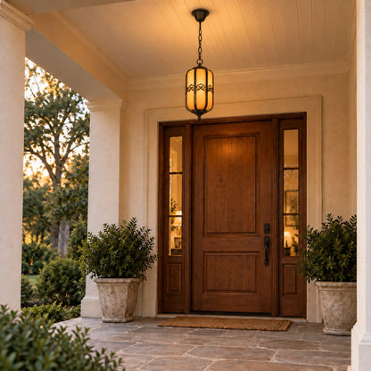 Traditional Outdoor Hanging Light with Faux Alabaster Panels &amp; Sandblasted Black Aluminium Frame