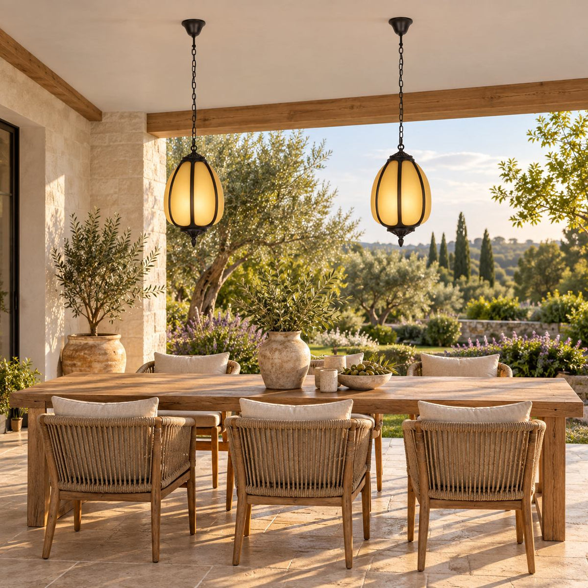 Traditional Outdoor Pendant Light with Faux Alabaster &amp; Black Die-Cast Aluminium Frame