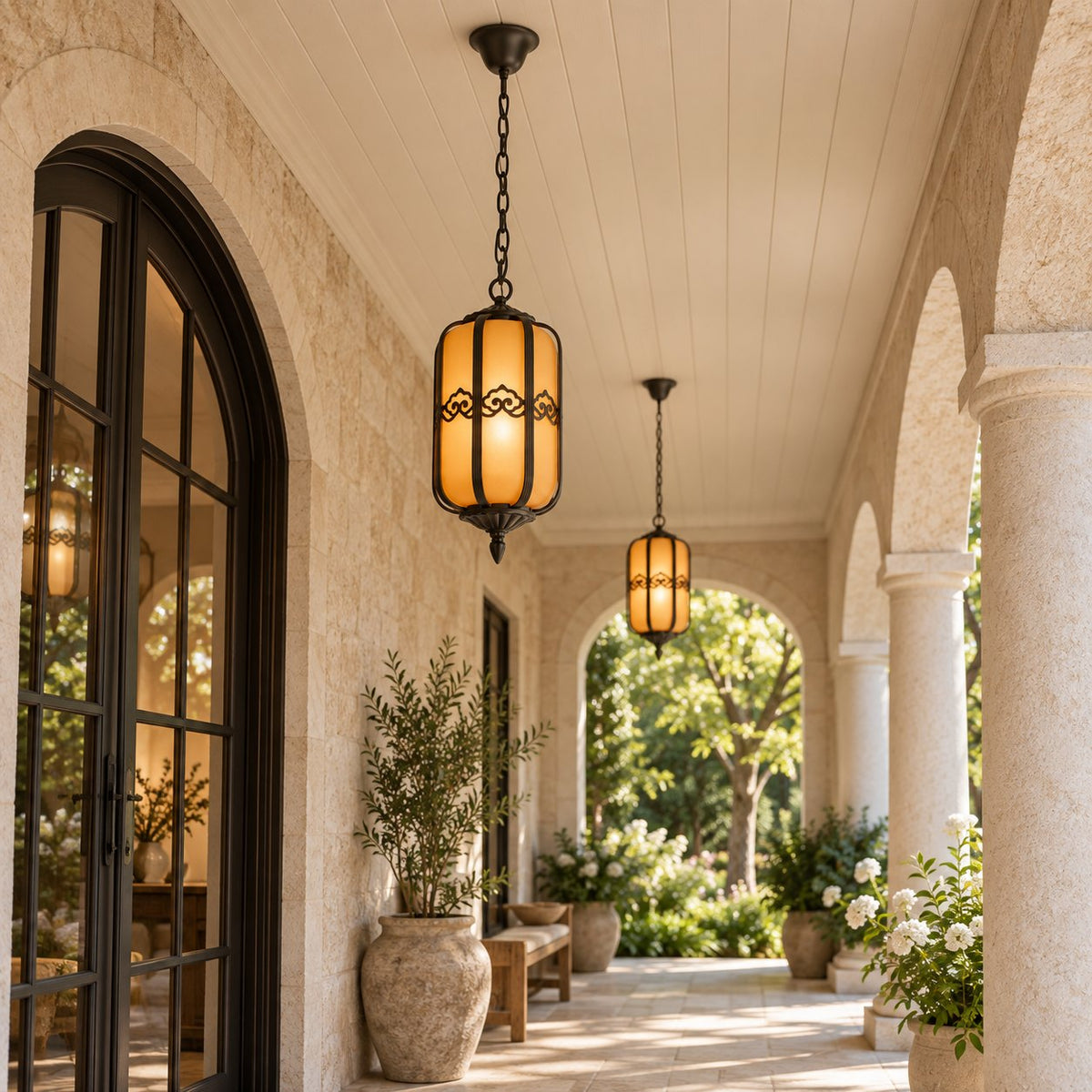 Traditional Outdoor Hanging Light with Faux Alabaster Panels &amp; Sandblasted Black Aluminium Frame