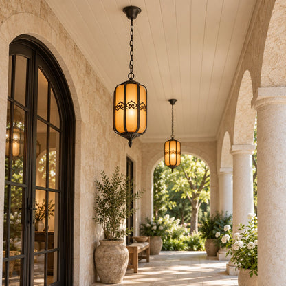 Traditional Outdoor Hanging Light with Faux Alabaster Panels &amp; Sandblasted Black Aluminium Frame