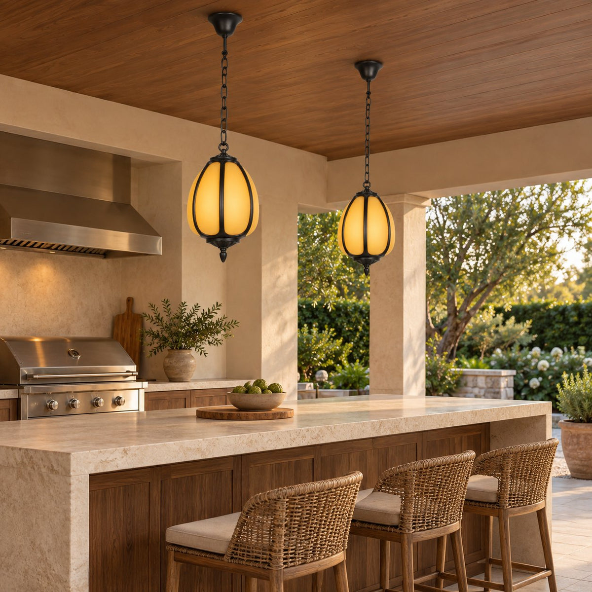 Traditional Outdoor Pendant Light with Faux Alabaster &amp; Black Die-Cast Aluminium Frame
