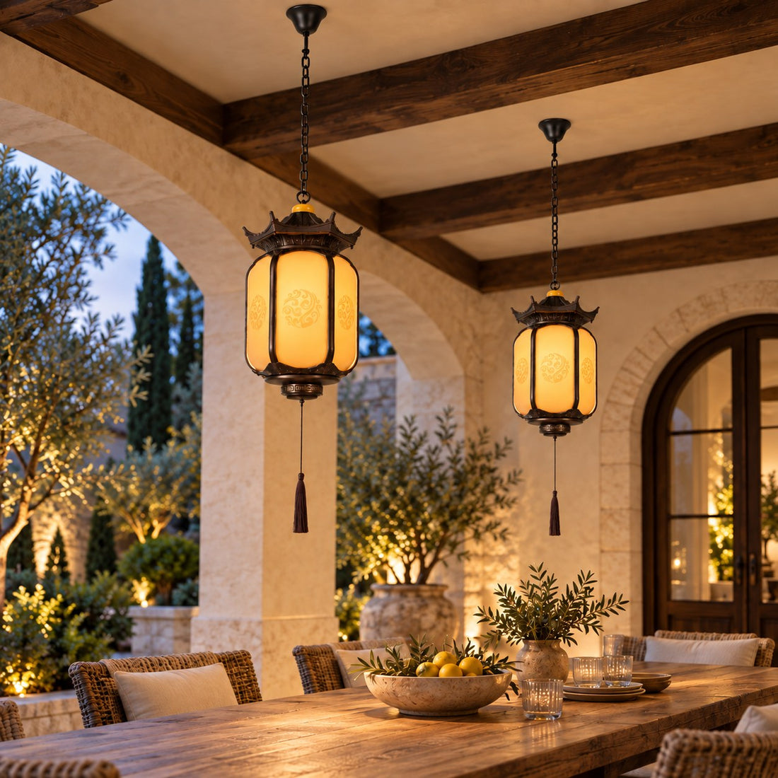 Traditional Pagoda Outdoor Pendant Light with Faux Alabaster Panels &amp; Bronze Gold Aluminium Frame