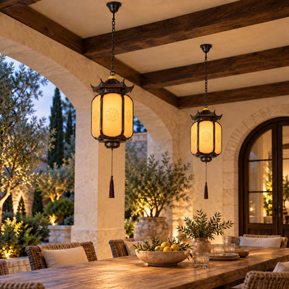 Traditional Pagoda Outdoor Pendant Light with Faux Alabaster Panels &amp; Bronze Gold Aluminium Frame