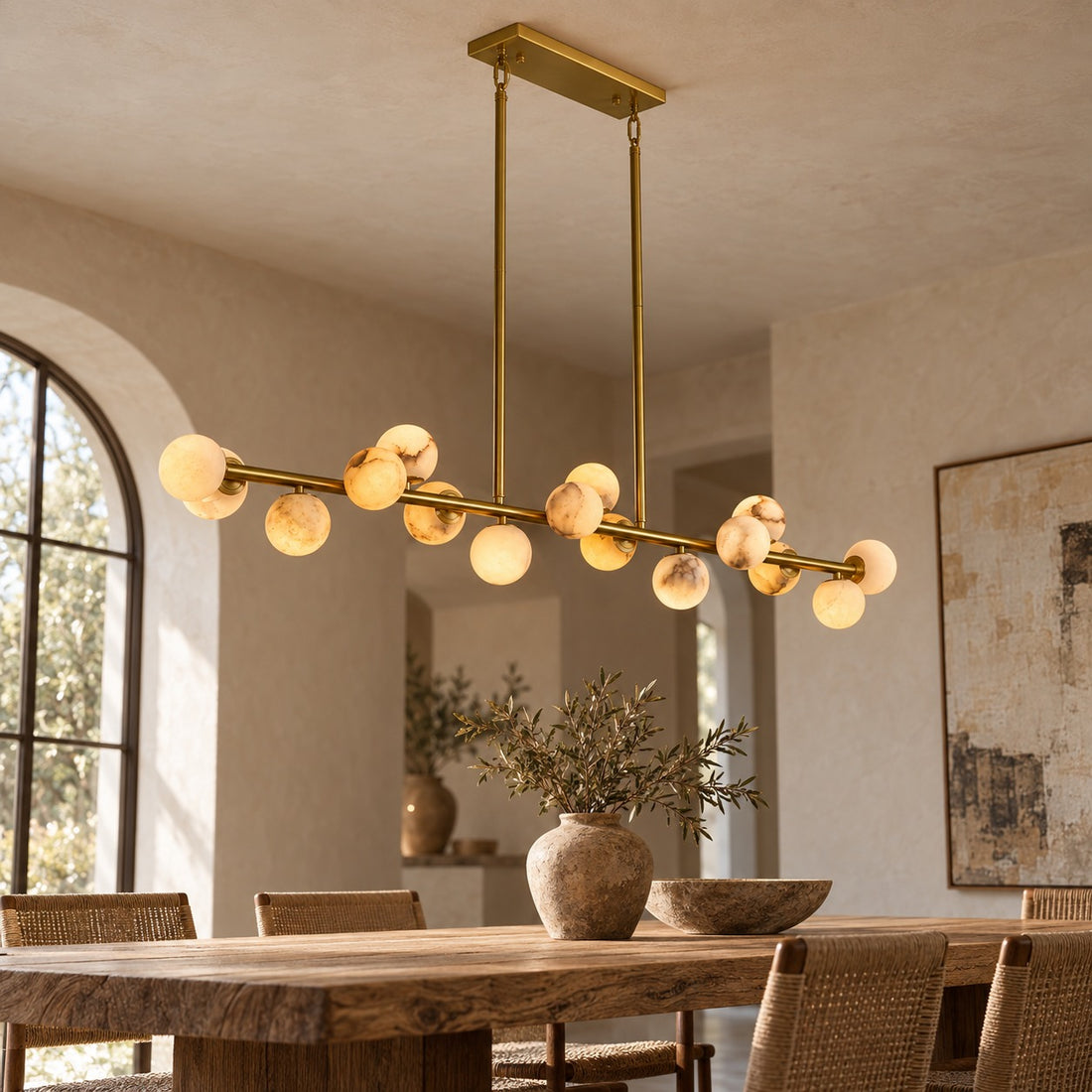 Modern Linear Chandelier Hanging Gold Finish Natural Alabaster Globes Dimmable Adjustable 55 Inch