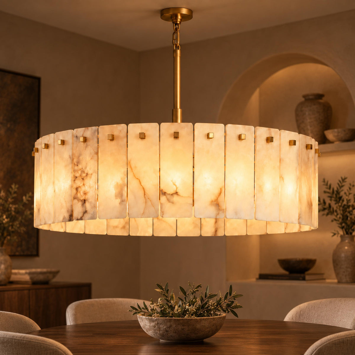 Modern Drum Chandelier Hanging Light Fixture with Alabaster Panels and Gold Frame for Soft Illumination