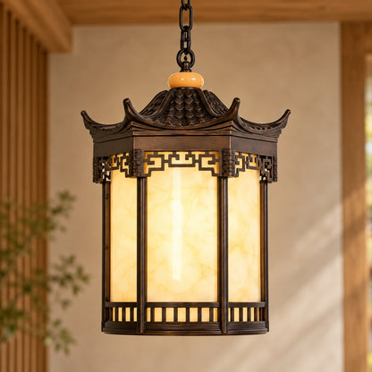 Traditional Pagoda Outdoor Hanging Light with Faux Alabaster &amp; Bronze Gold Aluminium Frame