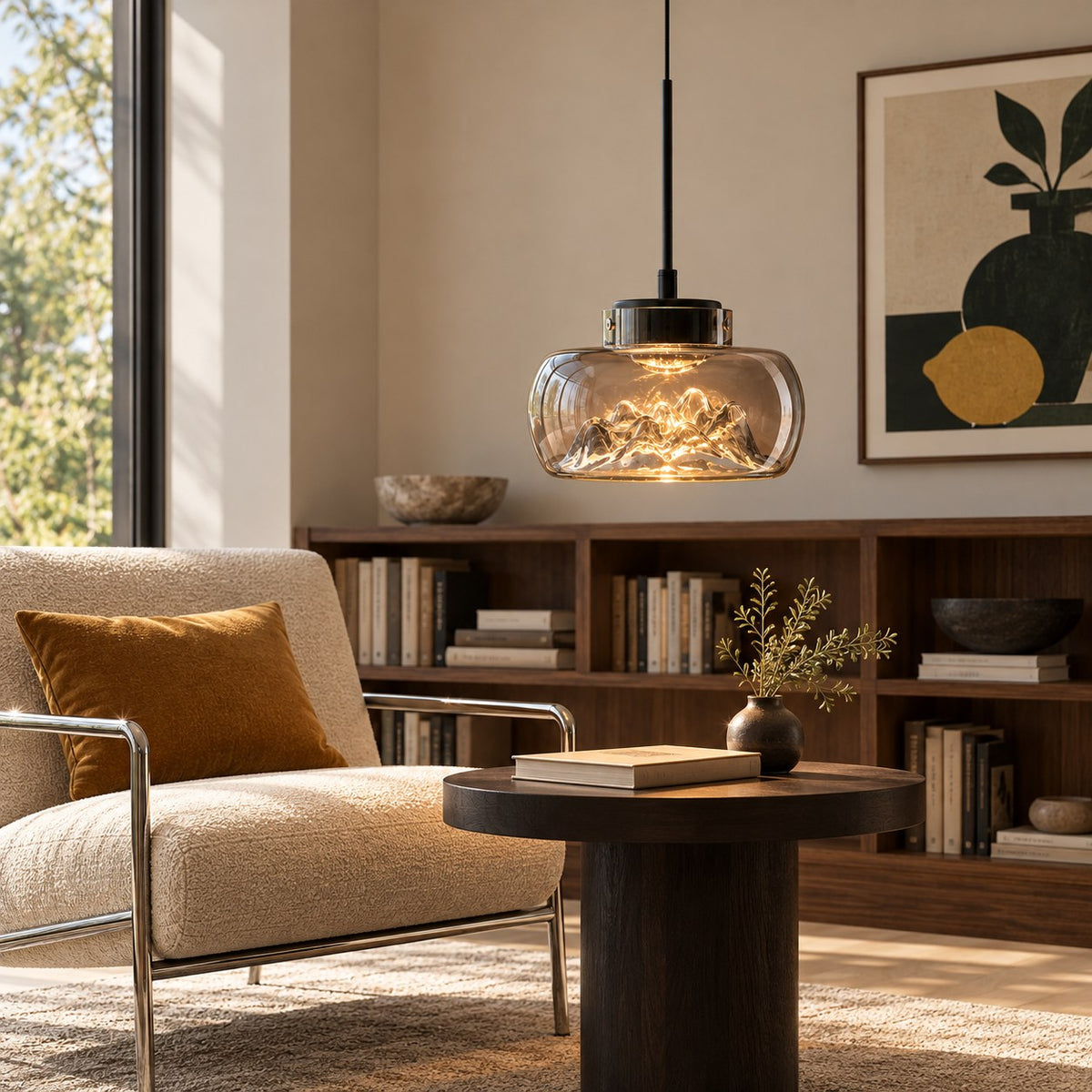 Modern Glass Pendant Lighting Hanging Fixture with Iron Frame and Textured Interior for Warm Illumination