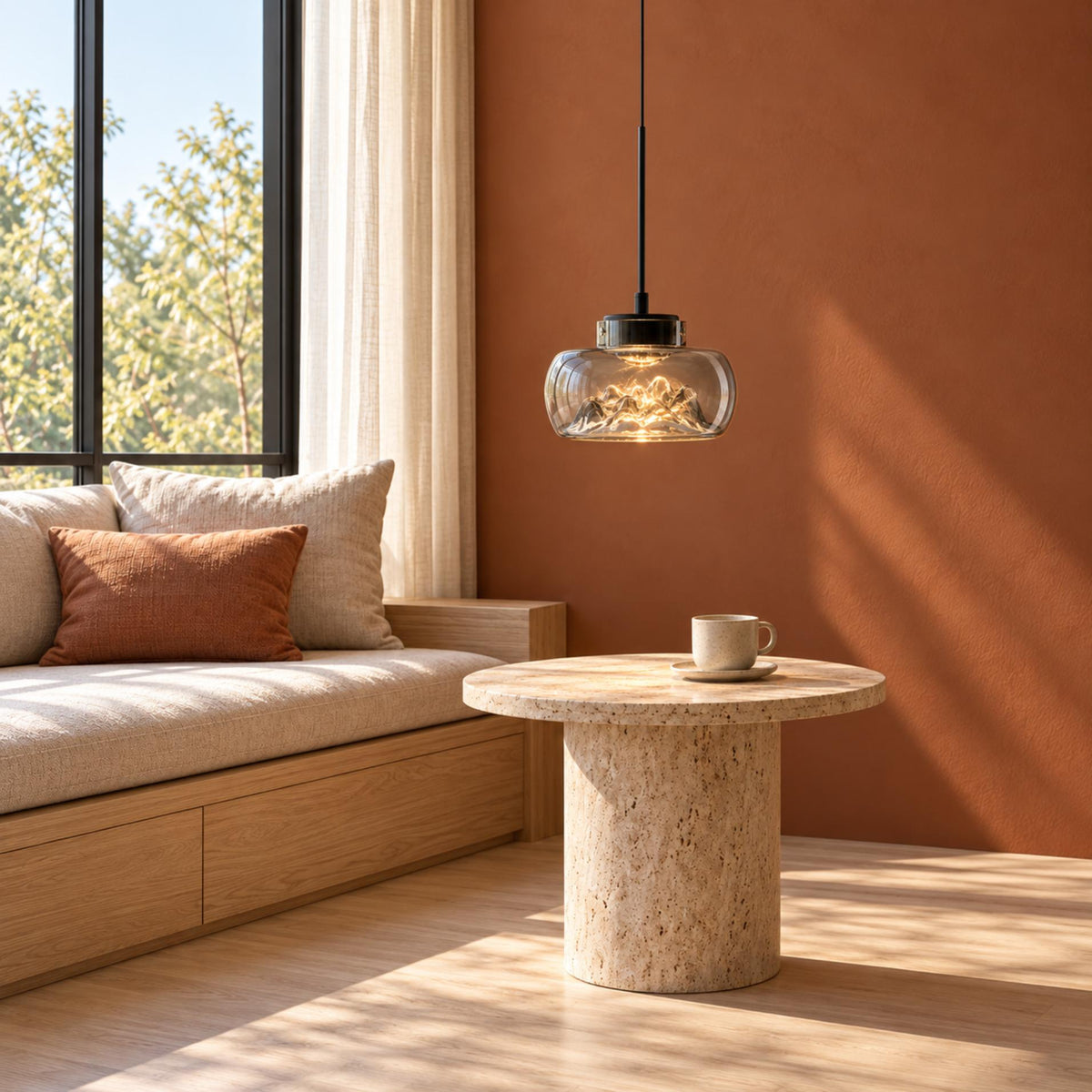 Modern Glass Pendant Lighting Hanging Fixture with Iron Frame and Textured Interior for Warm Illumination