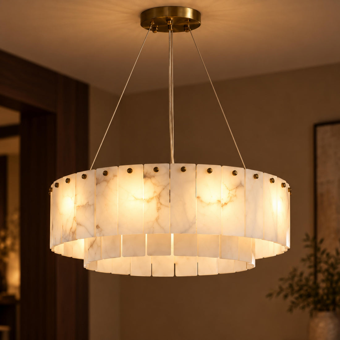 Modern Chandelier Adjustable Hanging Alabaster 9 Light Fixture for Dining Room Gold Finish