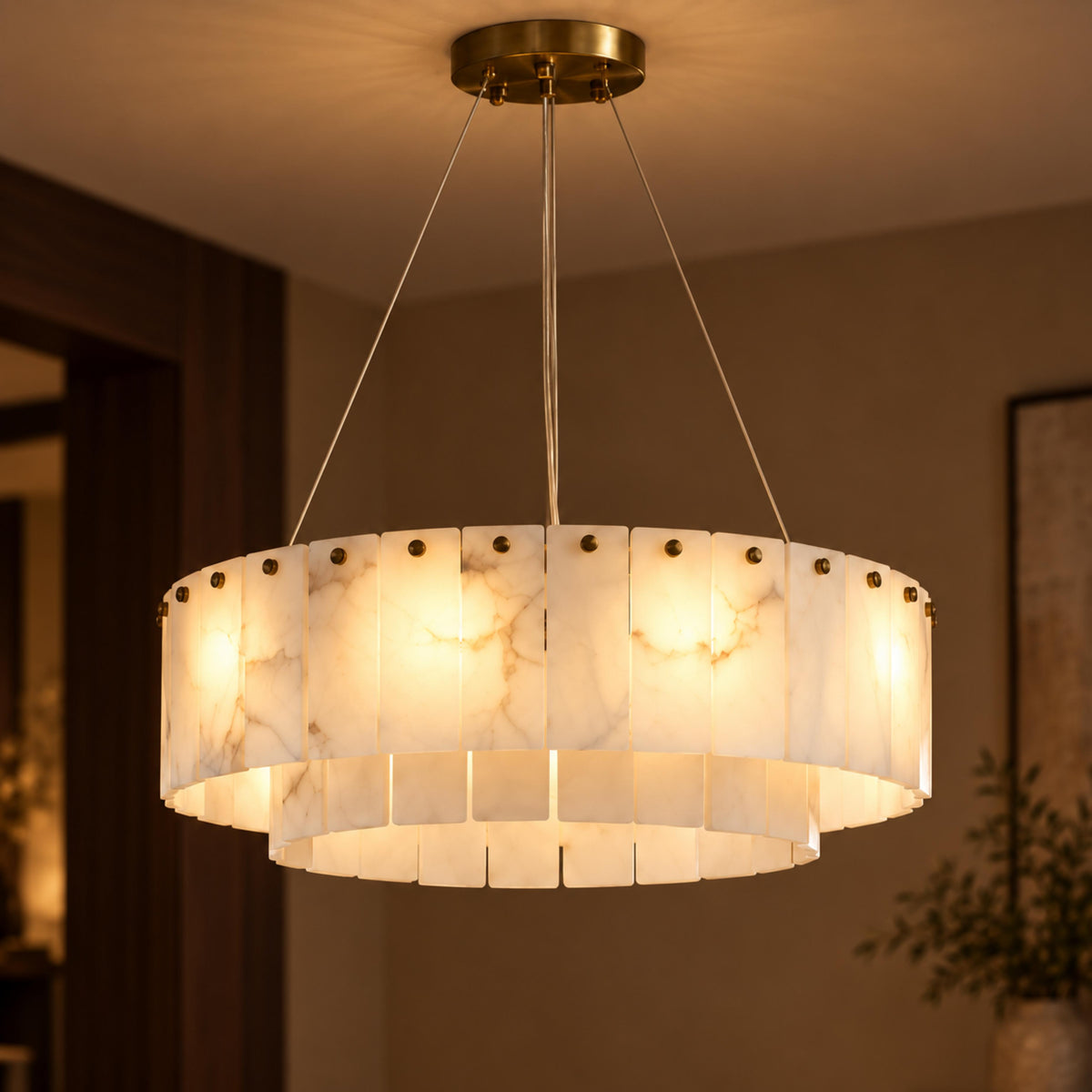 Modern Chandelier Adjustable Hanging Alabaster 9 Light Fixture for Dining Room Gold Finish