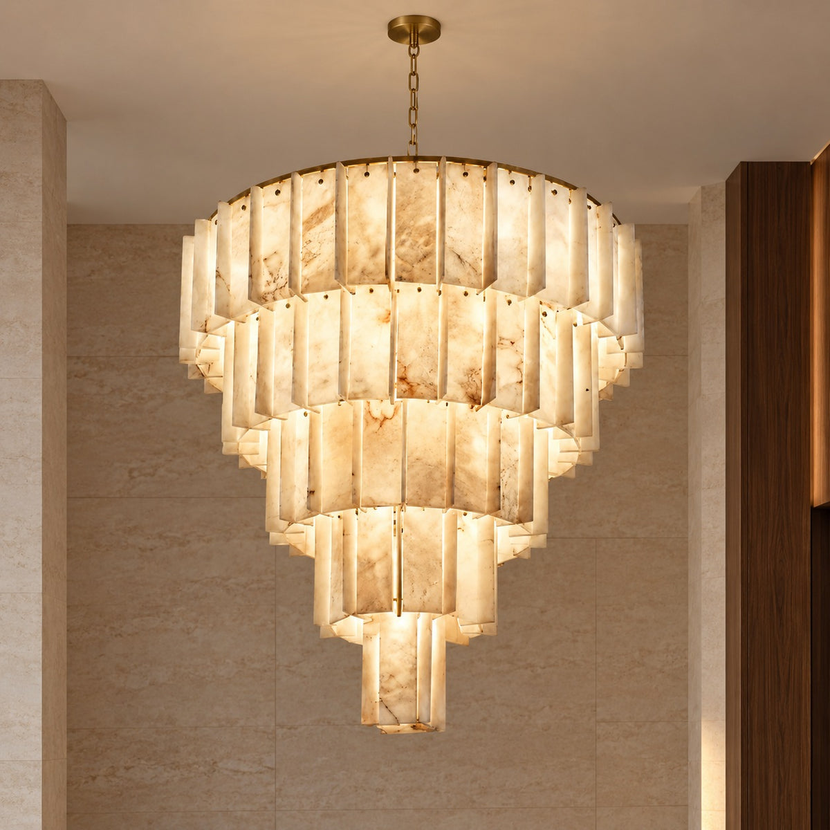 Modern Designer Chandelier Hanging Brass Frame with Alabaster Panels for Soft Ambient Glow