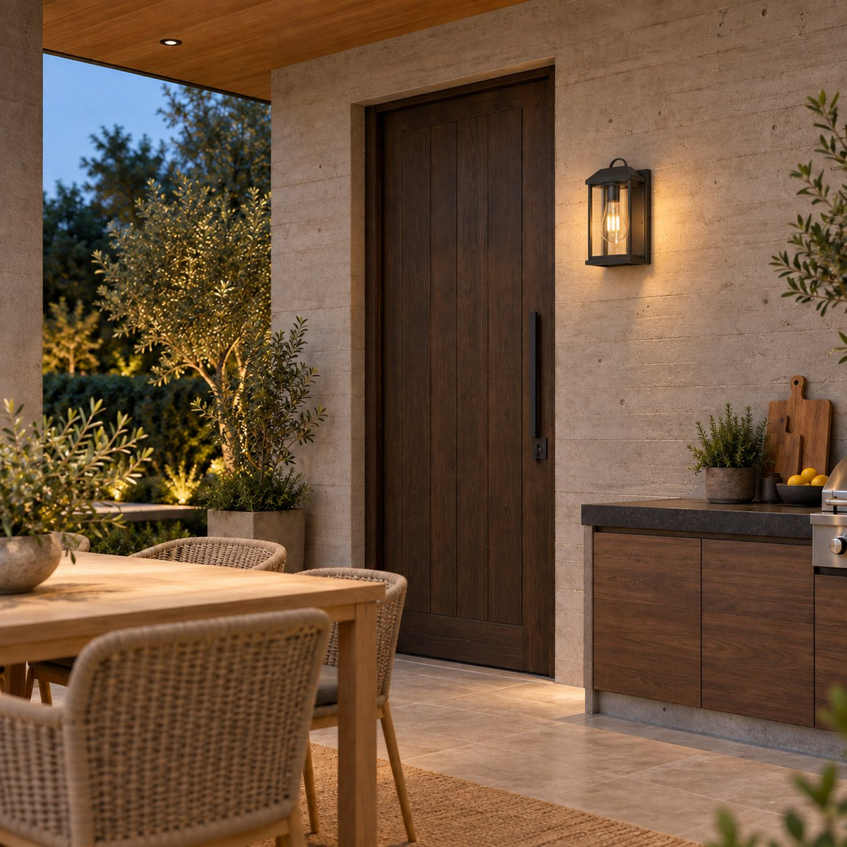 Modern IP65 Outdoor Wall Light with Clear Glass &amp; Sandblasted Black Aluminium Frame
