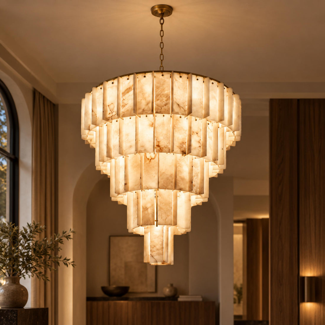 Modern Designer Chandelier Hanging Brass Frame with Alabaster Panels for Soft Ambient Glow