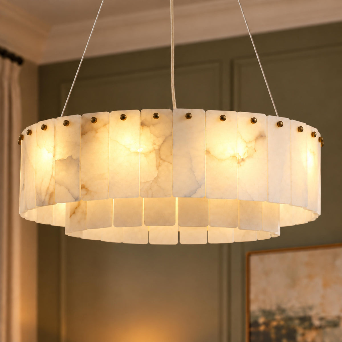 Modern Chandelier Adjustable Hanging Alabaster 9 Light Fixture for Dining Room Gold Finish