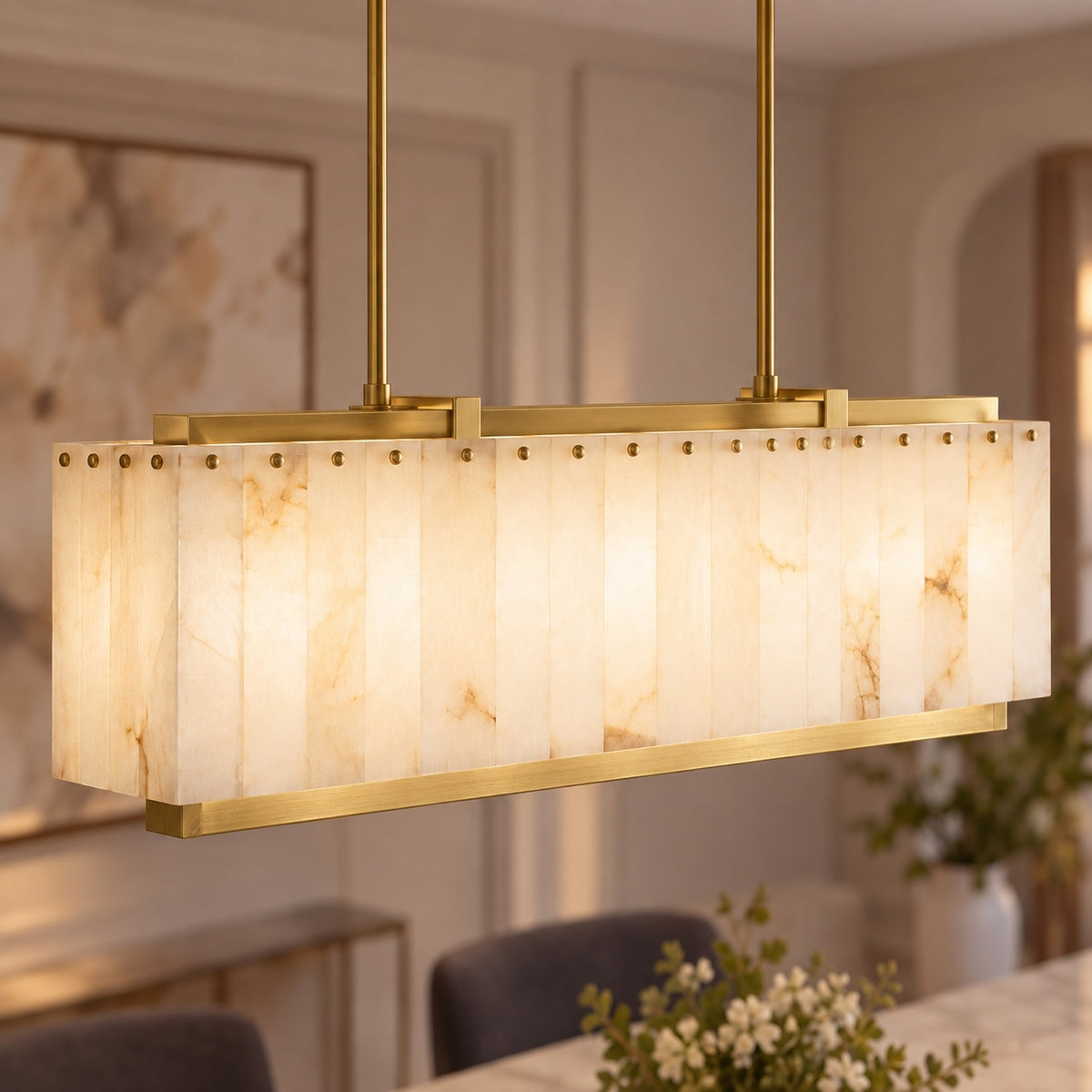 Modern Designer Chandelier Hanging Brass Frame with Alabaster Panels Soft Illumination E12