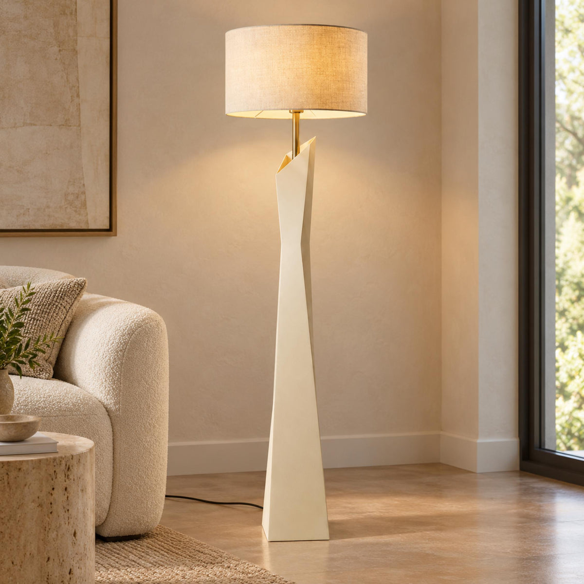 Modern Floor Lamp Adjustable Height Resin and Fabric Shade Dimmable for Living Room Ambient Lighting