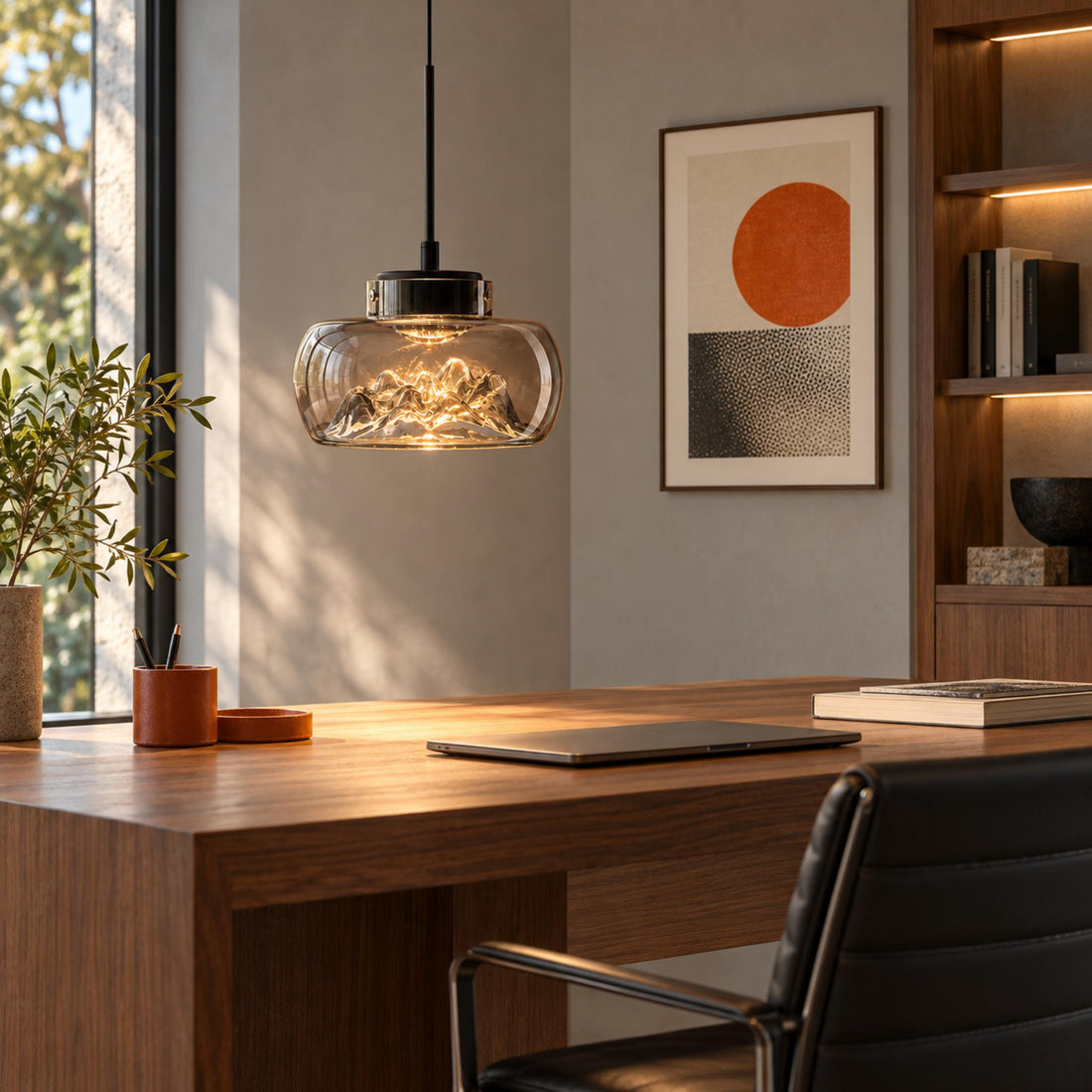 Modern Glass Pendant Lighting Hanging Fixture with Iron Frame and Textured Interior for Warm Illumination