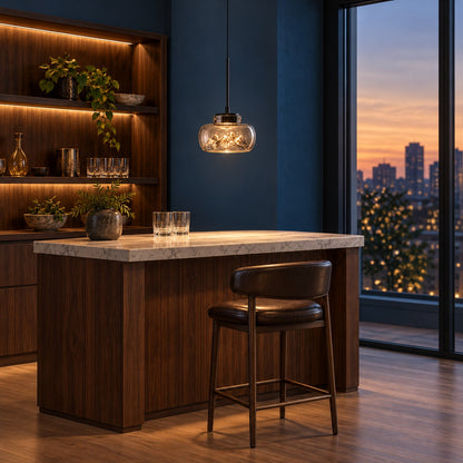 Modern Glass Pendant Lighting Hanging Fixture with Iron Frame and Textured Interior for Warm Illumination