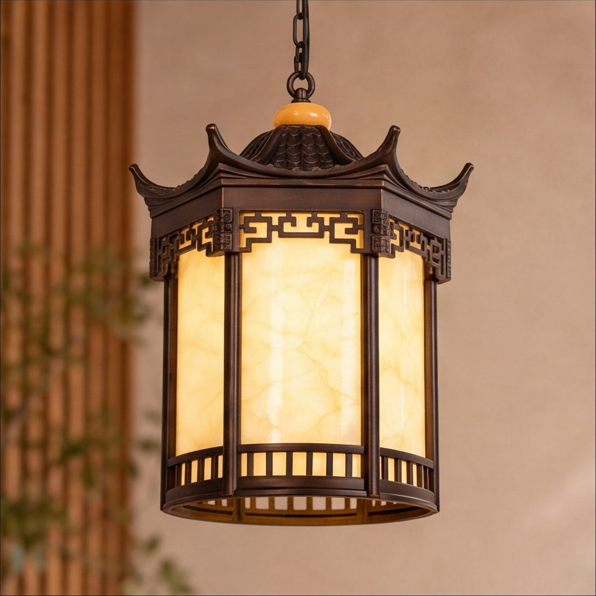 Traditional Pagoda Outdoor Hanging Light with Faux Alabaster &amp; Bronze Gold Aluminium Frame