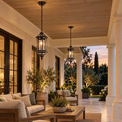 Traditional IP65 Outdoor Pendant Light with Clear Glass – Black Hanging Lantern