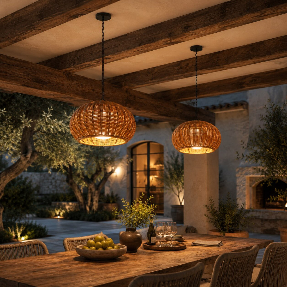 Modern Outdoor Pendant Light Fixture Hanging PE Rattan Waterproof LED Compatible 3000K