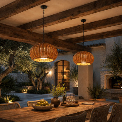 Modern Outdoor Pendant Light Fixture Hanging PE Rattan Waterproof LED Compatible 3000K