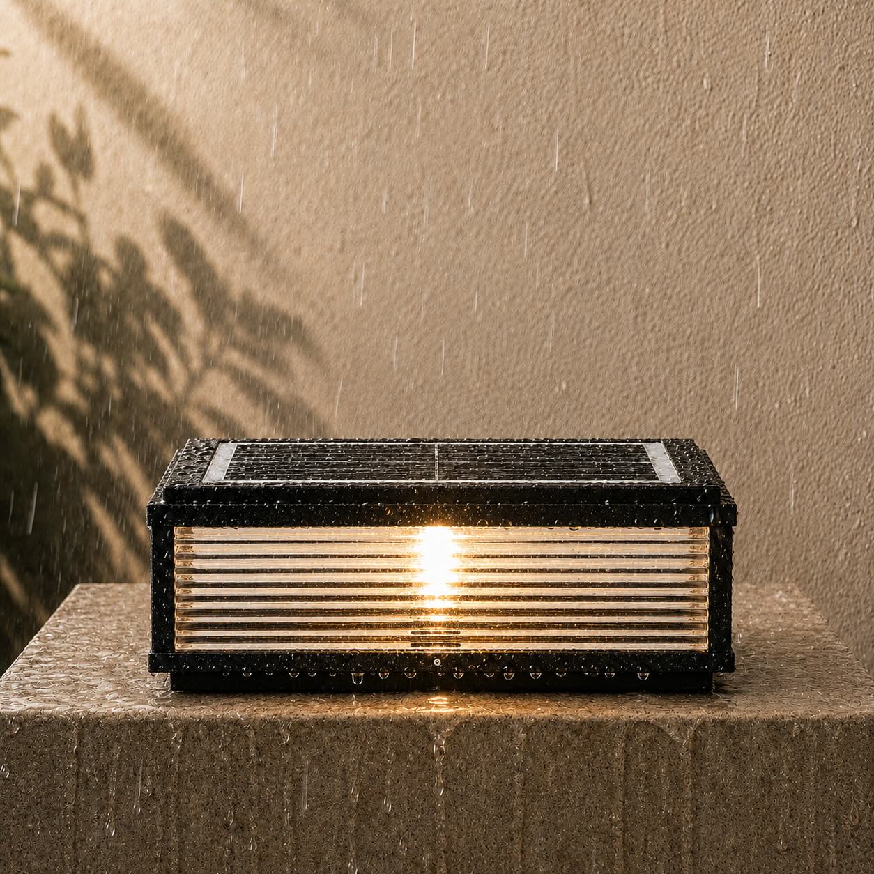 Solar Outdoor Pillar Light Modern Die-Cast Aluminum Ribbed Glass LED Adjustable Design