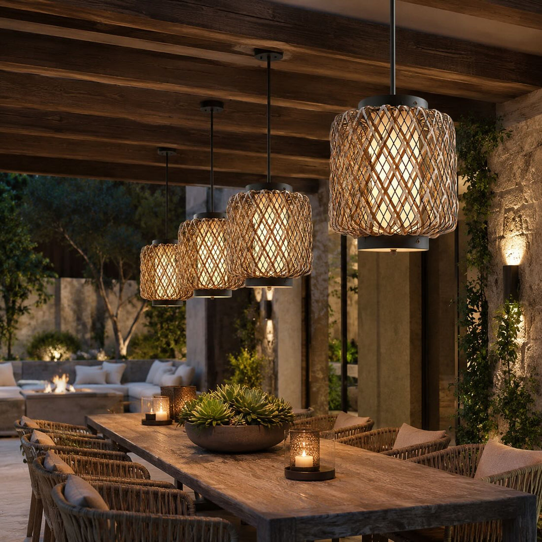 Modern Outdoor Hanging Pendant Light Fixture Rattan Iron Waterproof LED Compatible