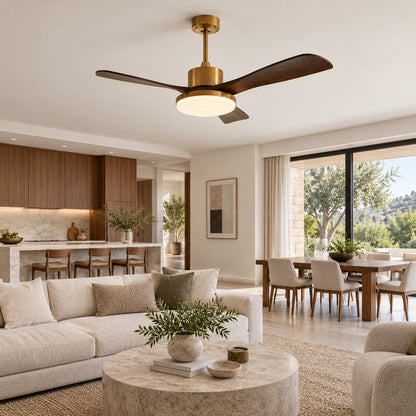 Modern Flush Mount Ceiling Fan with Integrated LED Lights Wooden Blades 6-Speed Control