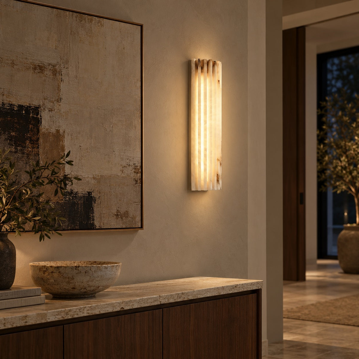 Modern Wall Light Wall Mounted Metal Alabaster Shade Dimmable LED for Contemporary Spaces