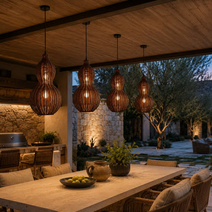 Modern Rattan Pendant Light Hanging Fixture with 12W LED Warm White for Outdoor Use