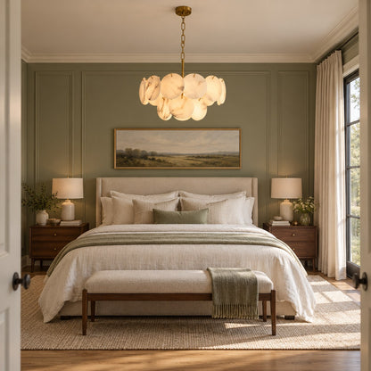 Modern Double-Tier Chandelier Hanging Brass Frame with Alabaster Discs and Adjustable Chain Length