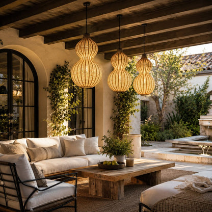 Modern Rattan Pendant Light Hanging Fixture with 12W LED Warm White for Outdoor Use