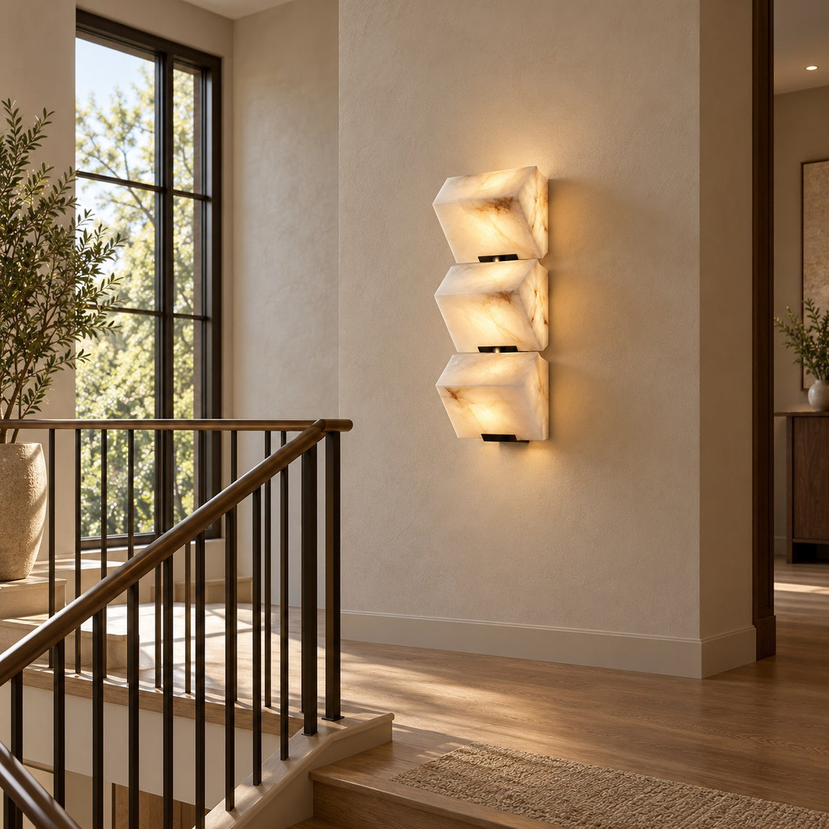 Modern Wall Light Wall Mounted Metal Frame Alabaster Shade LED for Staircase Illumination