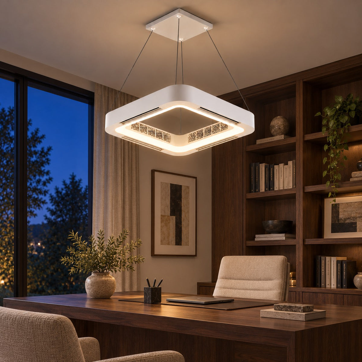 Modern Bladeless Ceiling Fan with Flush Mount Design Metal Body Dimmable LED Light and Remote Control