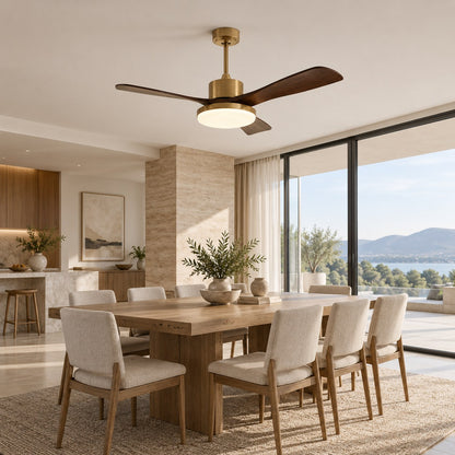 Modern Flush Mount Ceiling Fan with Integrated LED Lights Wooden Blades 6-Speed Control