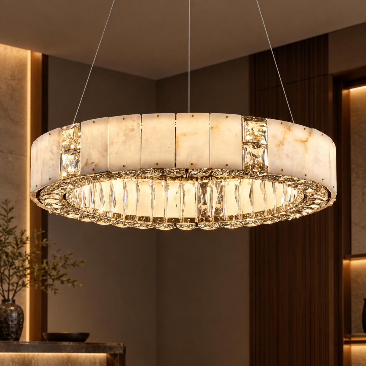 Modern Crystal Chandelier Hanging Light Fixture with Adjustable LED Alabaster Design